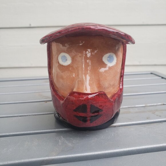 Handmade Hand Thrown Ceramic Glazed Kitsch Motor Cross Rider Helmet Planter Cup - Picture 2 of 9
